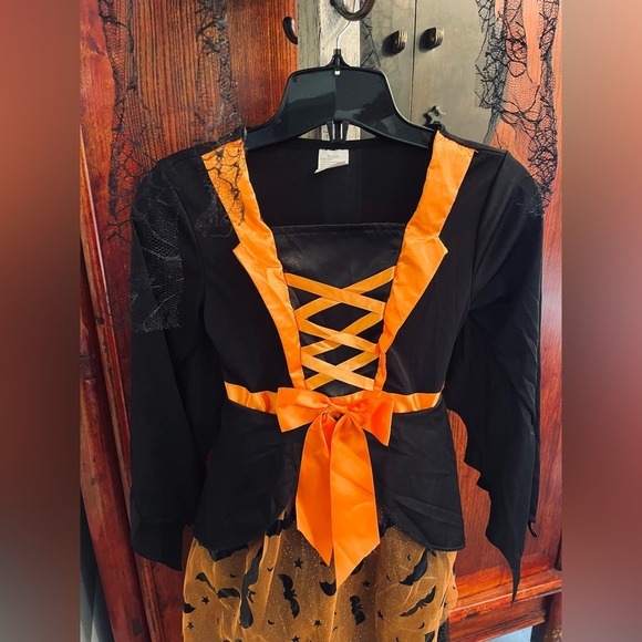 Witch Costume Halloween Dress Up Cosplay Orange Black Bats Girls - Picture 5 of 12